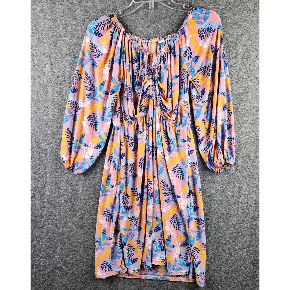 Unbranded Dress Womens XL Fit & Flare Pink Tropical Ruched Tie Front EUC